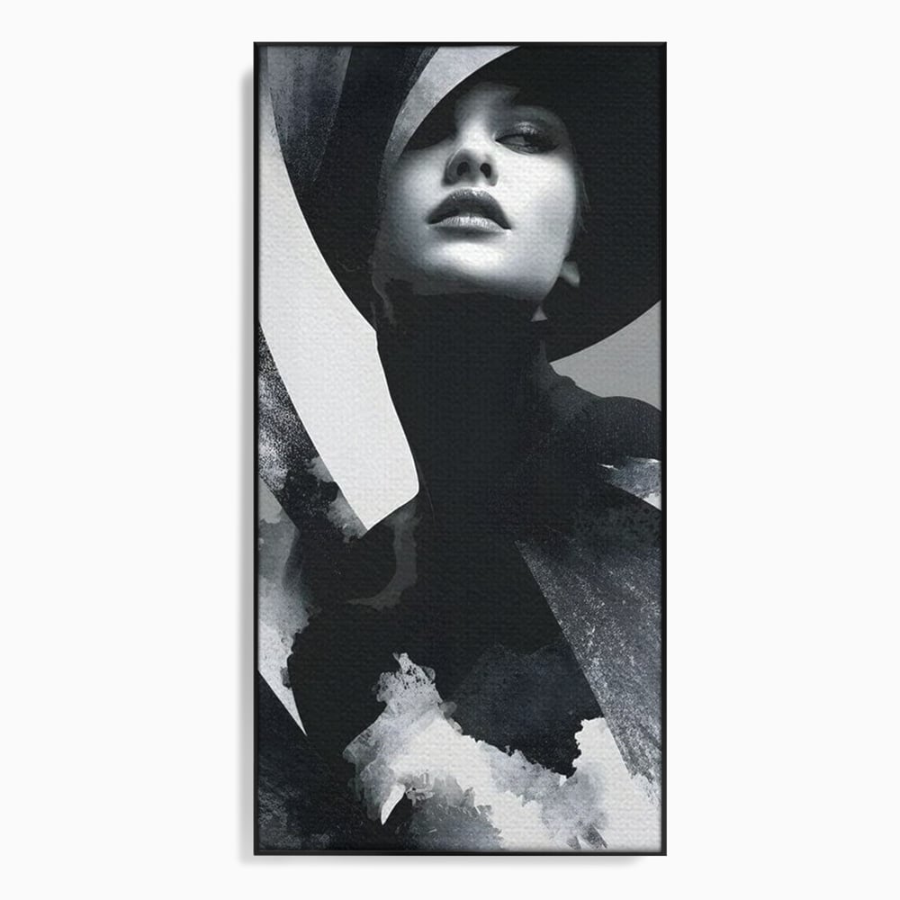 Tablou canvas cu tablou canvas cu portret artistic de femeie, in rama de aluminiu negru